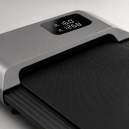 Close-up of the Understride walking pad LED display showing speed and step count