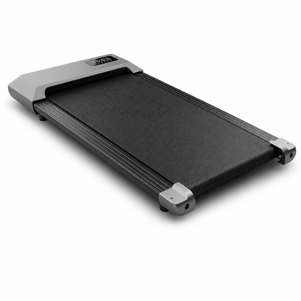 Understride under-desk walking pad treadmill on a clean white studio background, slim charcoal running belt and LED display