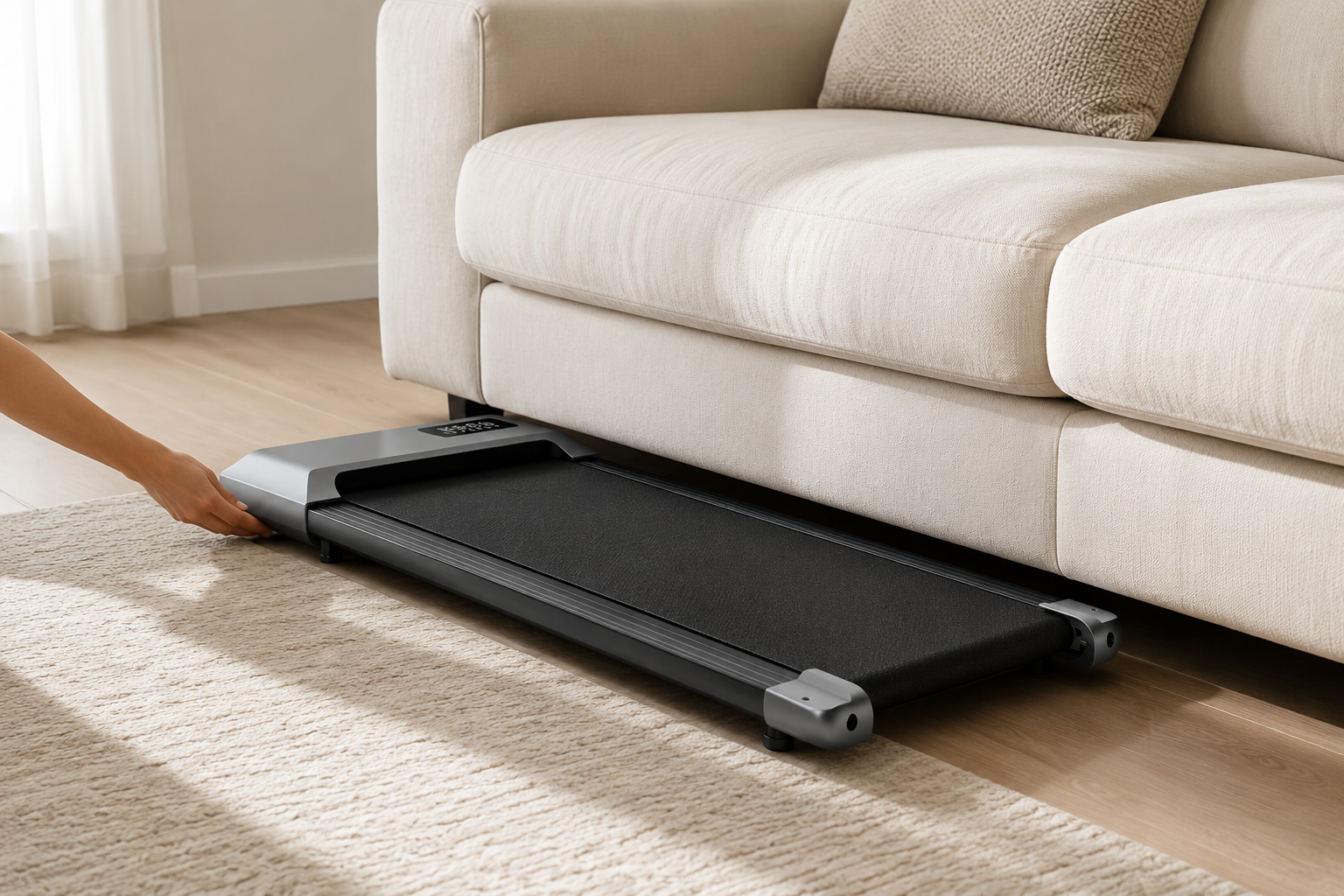 Slim Understride walking pad being rolled into storage under a sofa
