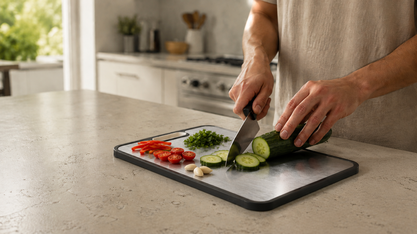 Chopping vegetables on the titanium side of the Verso cutting board in a bright kitchen