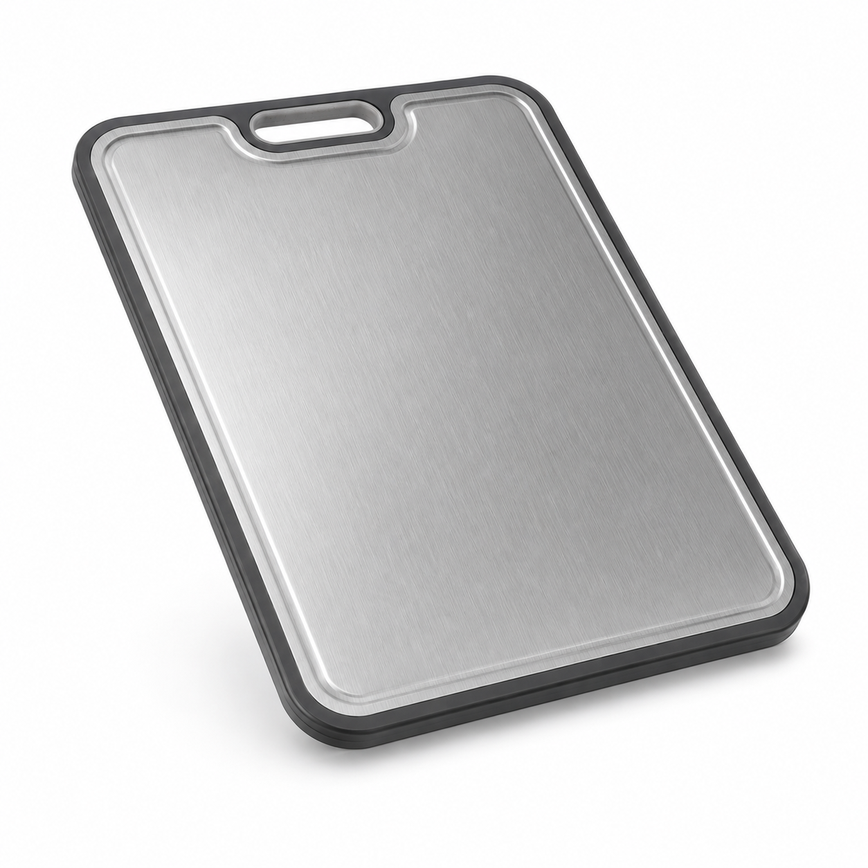 Verso dual-surface cutting board, brushed titanium side up with juice groove and carry handle