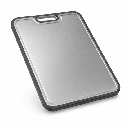 Verso dual-surface cutting board, brushed titanium side up with juice groove and carry handle
